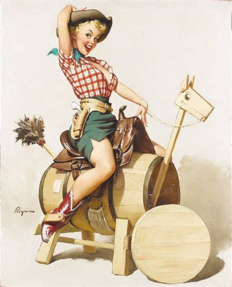 Elvgren Cute Pin Up Farm Girl In Cowboy Boots On Wooden Barrel Horse