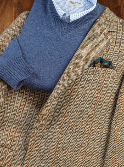 Brown Herringbone Harris Tweed Sport Coat With Multi Colored Windowpane