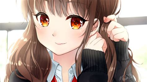 Download Anime Girl Brown Hair Smiling Close Up Original By