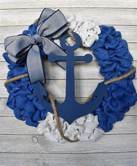 Burlap Anchor Wreath Nautical Wreath Blue And White Wreath Etsy