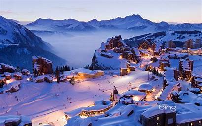 Snow Mountain Winter Town Lights Sky Wallpapers