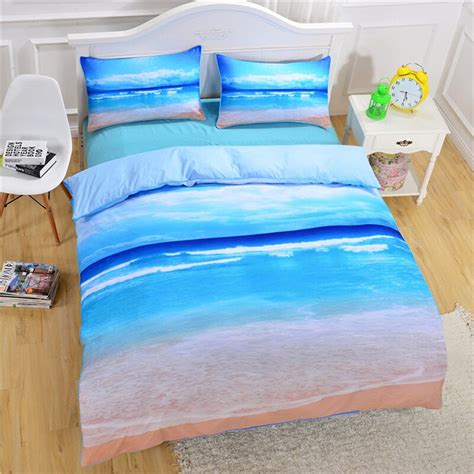 Modern Stylish Style Beach Ocean Pattern Printing Bedding Sets Duvet Cover Pillow Cases Bed Set