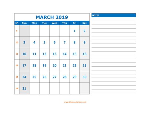 Free Download Printable March 2019 Calendar Large Space For