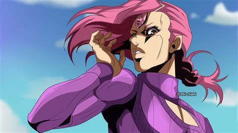 Jojo Vinegar Doppio With Purple Dress And Pink Hair With Background Of Blue Sky Hd Anime