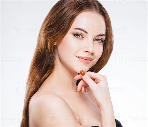 Beautiful Woman Face Close Up Portrait Happy Studio On White 871422
