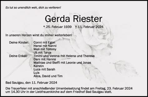 Traueranzeigen Von Gerda Riester Schwaebische De Trauerportal