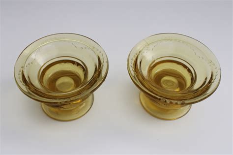 Madrid Pattern Amber Yellow Depression Glass Pair Of Candle Holders