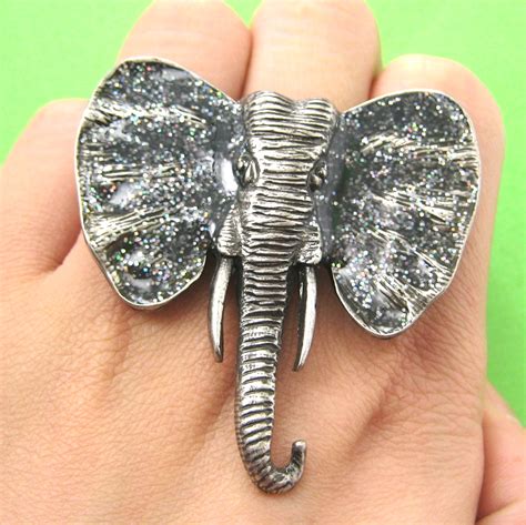 Adjustable Elephant Animal Ring In Silver With Black Glitter Ears