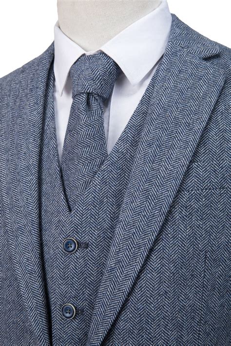 Grey Blue Herringbone Tweed 3 Piece Suit Empire Outlet