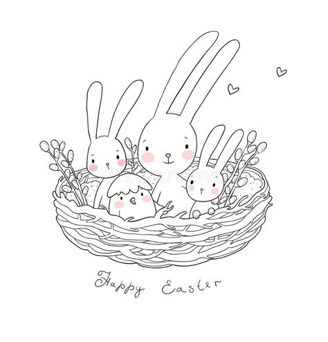 Easter Bunnies And Chickens Cute Hare And Chick In The Nest Stock