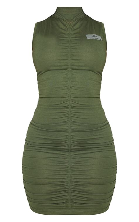 plt shape khaki new season ruched bodycon dress prettylittlething ksa