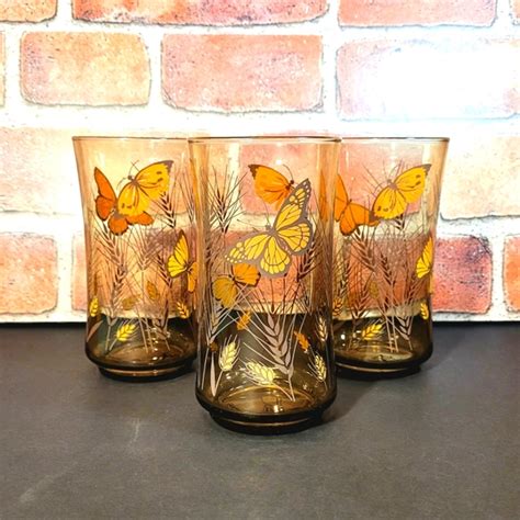 Libbey Dining Vintage Libbey Drinking Glasses Amber Monarch Butterfly Wheat Pattern Set Of 3