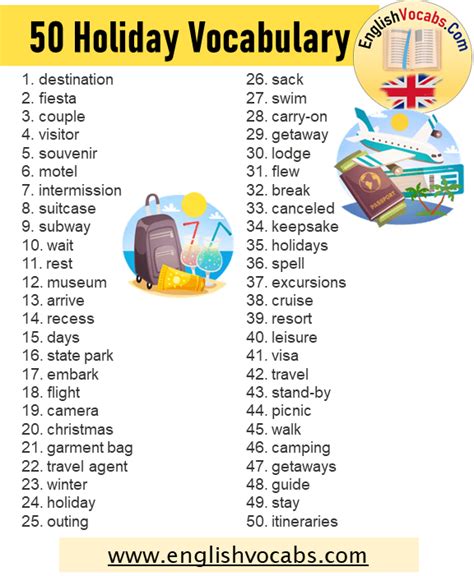 100 Holiday Vocabulary Vacation Vocabulary Word List English Vocabs