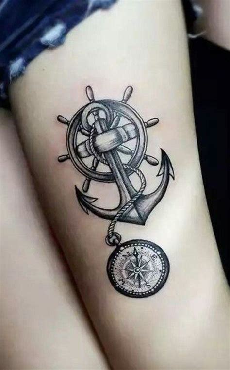 Vintage Compass Anchor Rudder Thigh Tattoo Ideas For Women At MyBodiArt