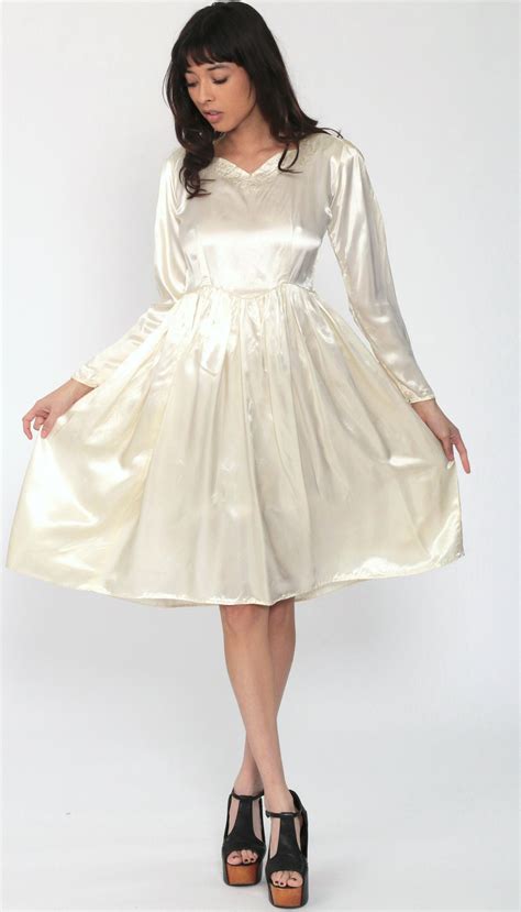 Satin Party Dress 1960s Off White Midi Dress Cream Puff Sleeve Dress