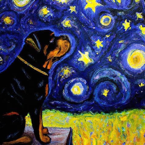 Cool Rottweiler Dog Portrait Starry Night Style Painting By Stellart