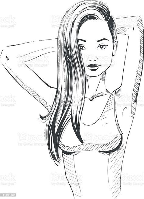 Beautiful Girl With Long Hair Pencil Drawing Stock Illustration