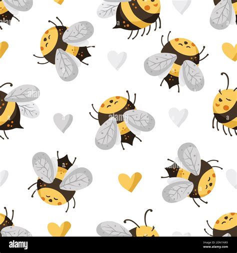 Bee Seamless Pattern Honey Vector Cute Bee With Heart Illustration