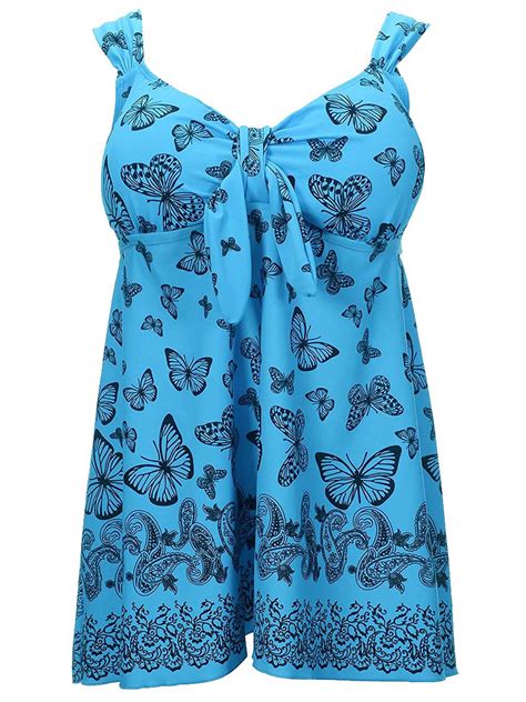 Pretty Plus Size Light Blue Butterfly Print Swimdress Style Swimsuit