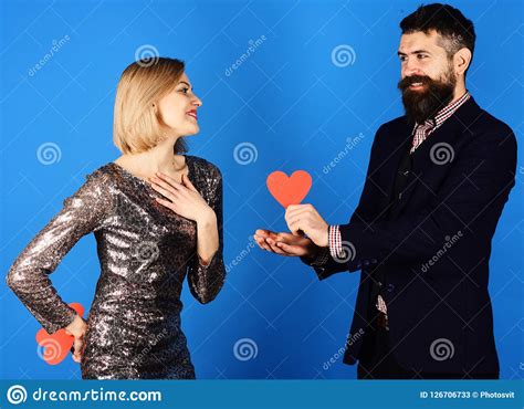 Couple In Love Holds Hearts On Blue Background Stock Image Image Of