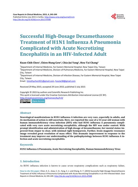 Pdf Successful High Dosage Dexamethasone Treatment Of H1n1 Influenza