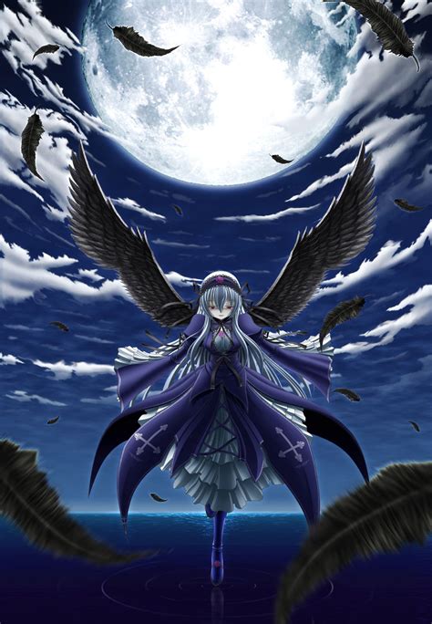 An Anime Character Standing In Front Of A Full Moon With Wings Flying