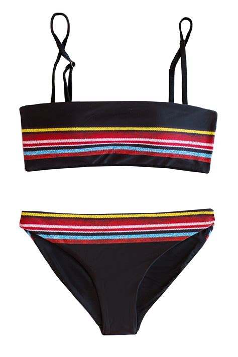 2 Piece Black Red Yellow Striped Girls Retro Padded Bandeau Bikini Set