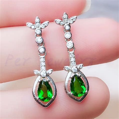 Natural Real Green Diopside Drop Earring Free Shipping Sterling
