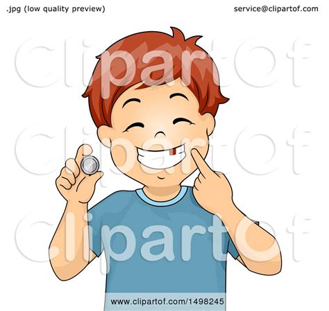 Clipart Of A Boy Pointing To A Missing Tooth And A Coin From The Tooth