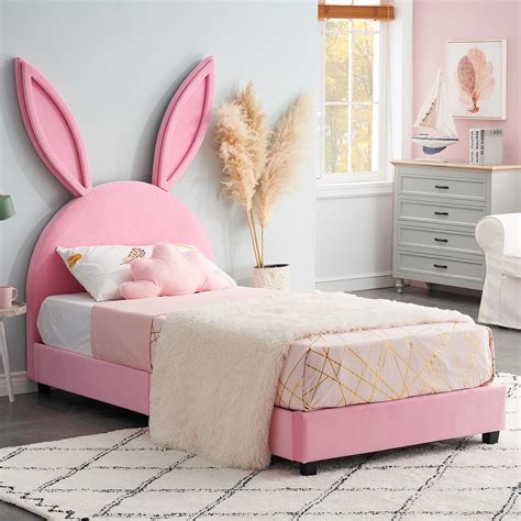 Vecelo Kids Children Upholstered Bed Frame Rabbit Shape Twin Size