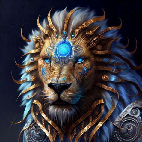 An Artistic Painting Of A Lion With Blue Eyes And Gold Accents On Its Face