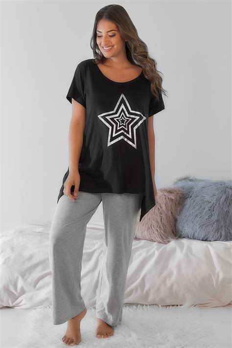 Black Foil Star Print Pyjama Top With Hanky Hem Plus Size