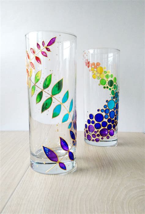 Rainbow Drinking Glasses Set Of 2 Hand Painted Floral Colorful Etsy Canada