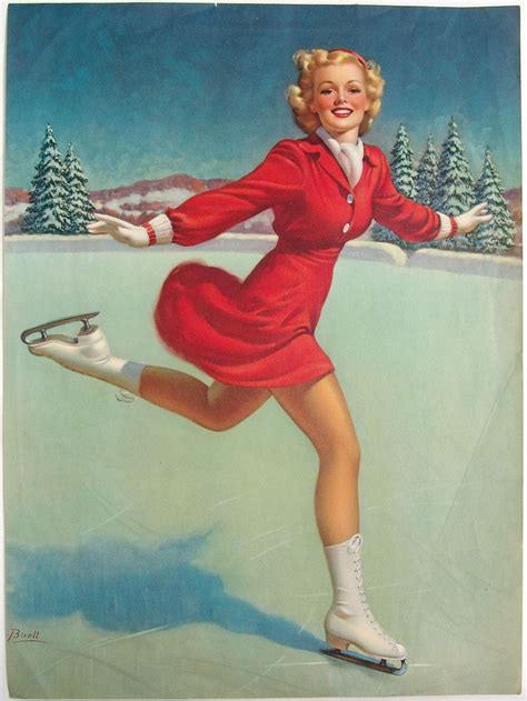 Large Vintage 1940s Pin Up Al Buell Ice Skating Blonde