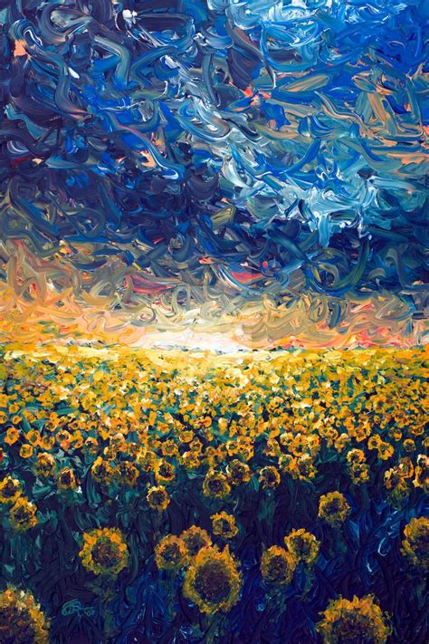 An Oil Painting Of Sunflowers In A Field With Blue Sky And Clouds Above