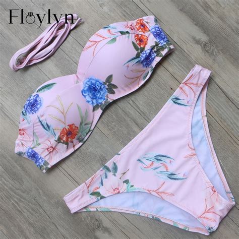 Floylyn Push Up Bikini Floral Printed Swimsuit Bandage Swimwear Women