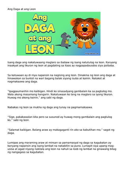 Ang Leon At Ang Daga Mga Pabula Ni Aesop Mga Kuwenton