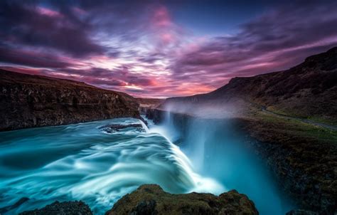 Wallpaper The Sky Water Clouds Sunset Rocks Waterfall