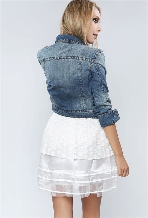 3 4 sleeve crop denim jacket shop jacket at papaya clothing