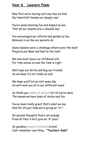 Year 6 Leavers Poem Teaching Resources