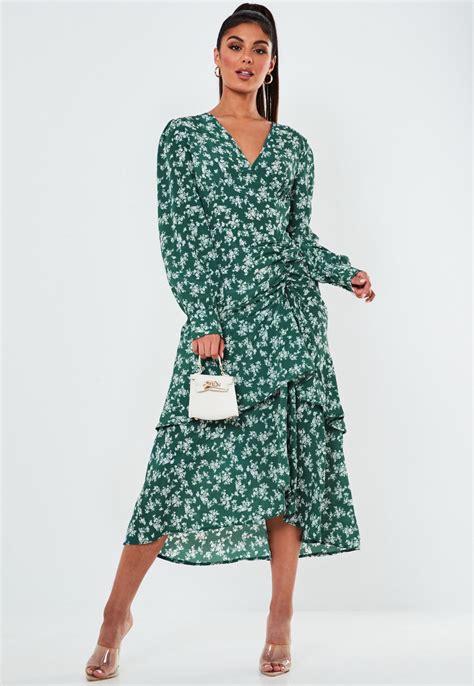 Green Floral Tiered Ruched Side Midi Dress Missguided