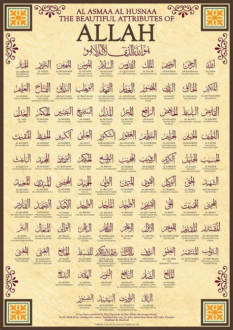 Dalam islam, asmaul husna adalah sembilan puluh sembilan (99) asma (nama) allah swt yang terbaik. Asma'ul Husna 99 Nama Allah Serta Makna