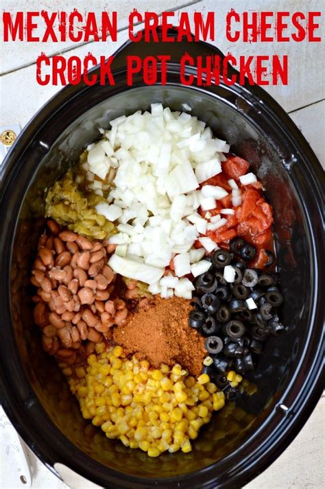 Put frozen chicken breasts in crock pot, cover with black beans, tomatoes and salsa. Mexican Cream Cheese Crock Pot Chicken | Recipe | Cream ...
