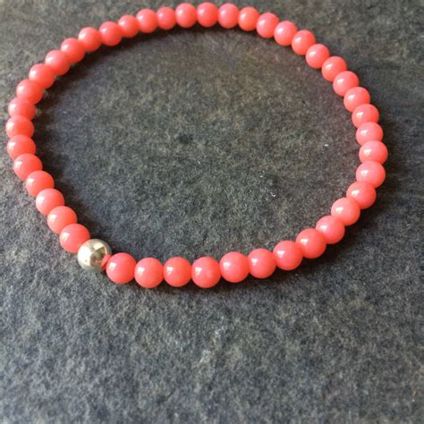 Pink Coral Stretch Bracelet Sterling Silver Beaded Coral Gemstone