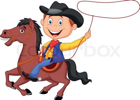 Vector Illustration Of Cowboy Cartoon Rider On The Horse Throwing Lasso