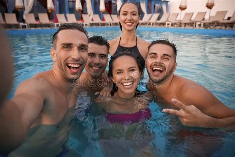 Happy Young Friends Taking Selfie In Pool Stock Image Image Of Relax Couple 159806027