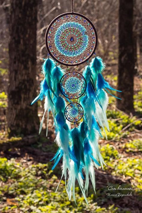 Medium Blue Dreamcatcher With Turquoise Feathers Brown Dream Catcher