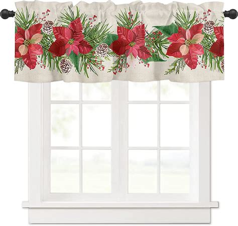Alageo Christmas Valances Windows Curtain Pine Cones Poinsettia Kitchen