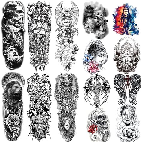 Kotbs 14 Sheets Full Arm Temporary Tattoos For Men Women Buddha Tiger