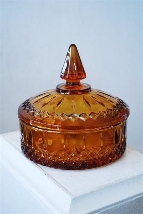 Sale Vintage Amber Glass Candy Dish With Lid